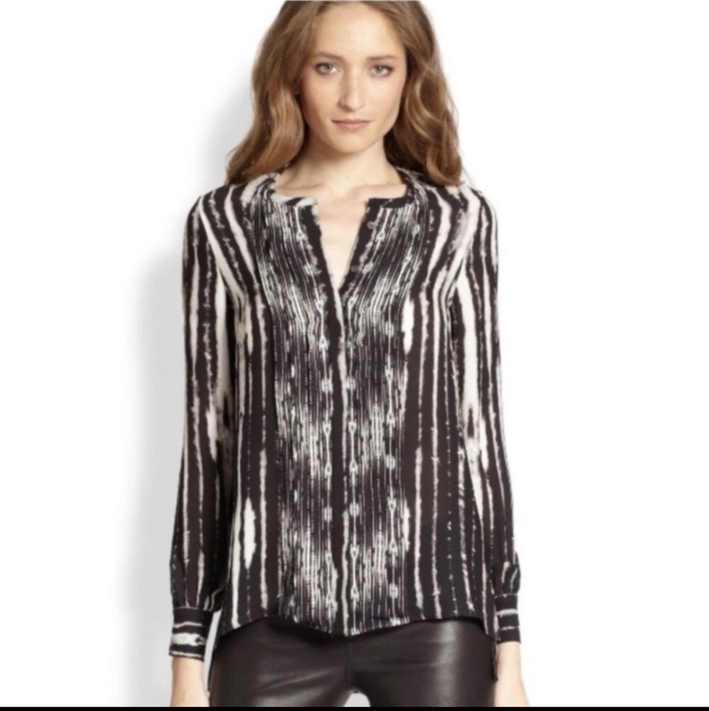 Haute Hippie Black Swan Button Down Silk Blouse Black off White Women's Medium